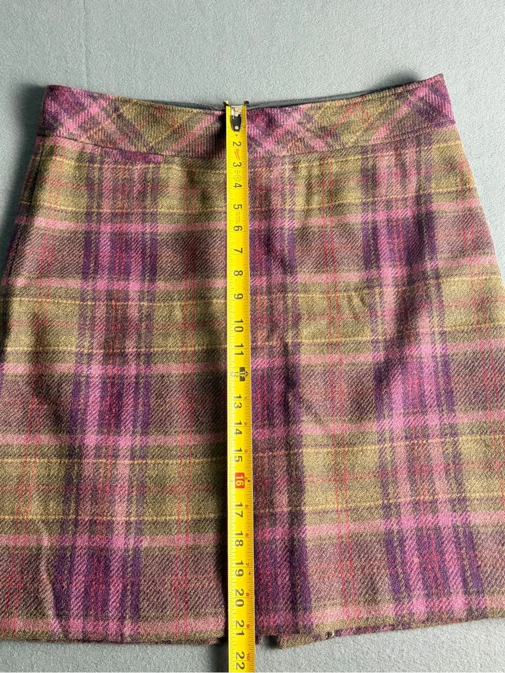 LL Bean Womens Sz 16 A-Line Purple Olive Plaid Wool Blend Skirt Lined, Side Zip